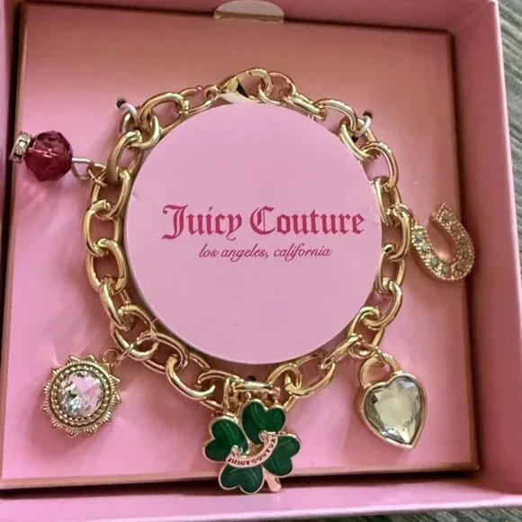 Juicy Couture Gold Tone Charm Bracelet Green Clover in Box - Picture 2 of 4